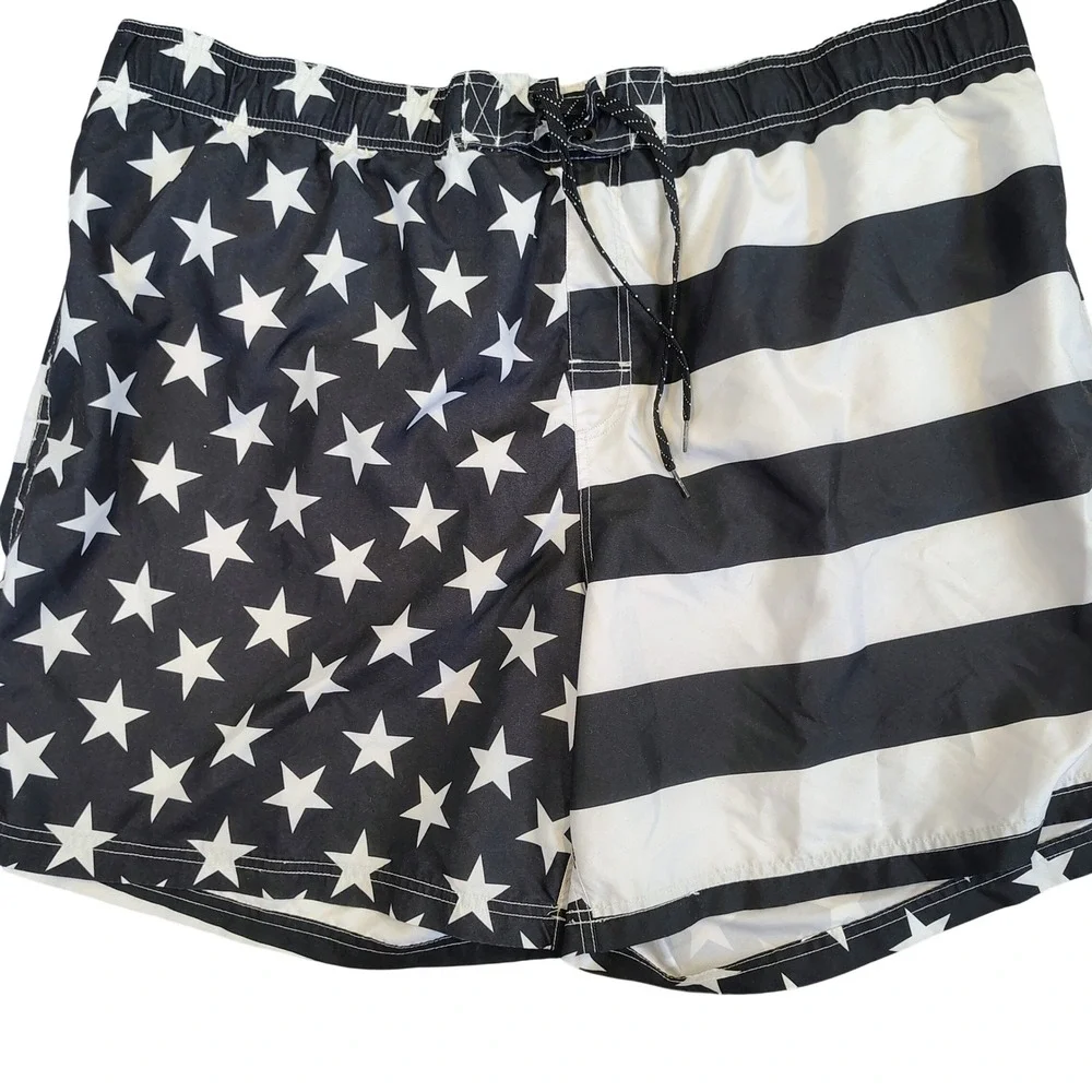 George Mens 3XL Stars and Stripes Swim Trunks Black White Americana Patriotic